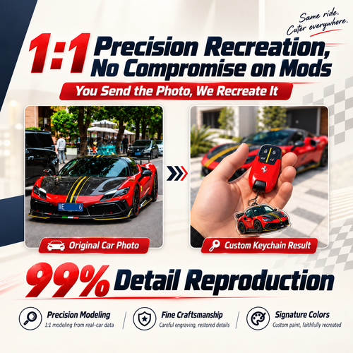 Custom car keychain detail showing personalized vehicle design