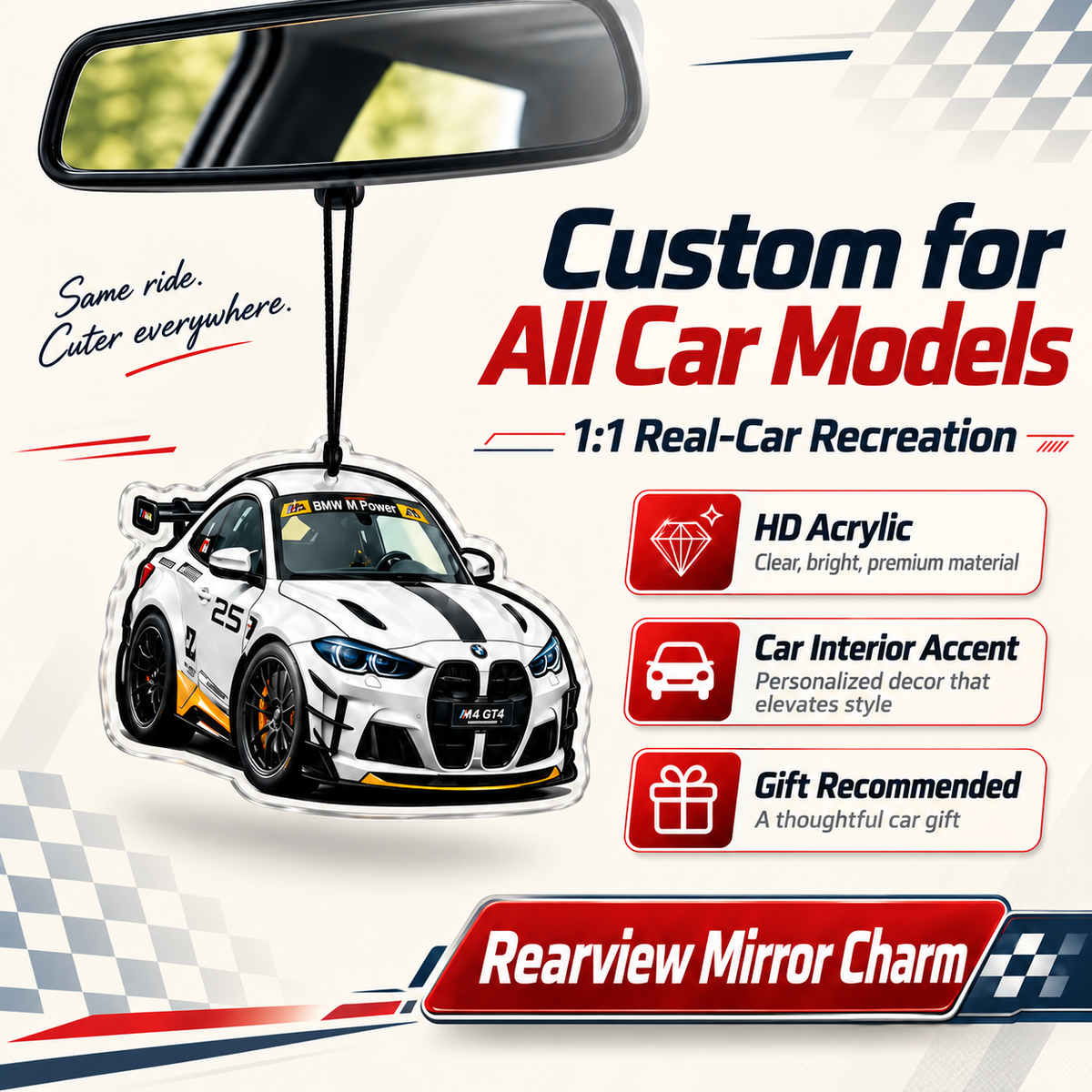 Personalized acrylic car mirror charm example